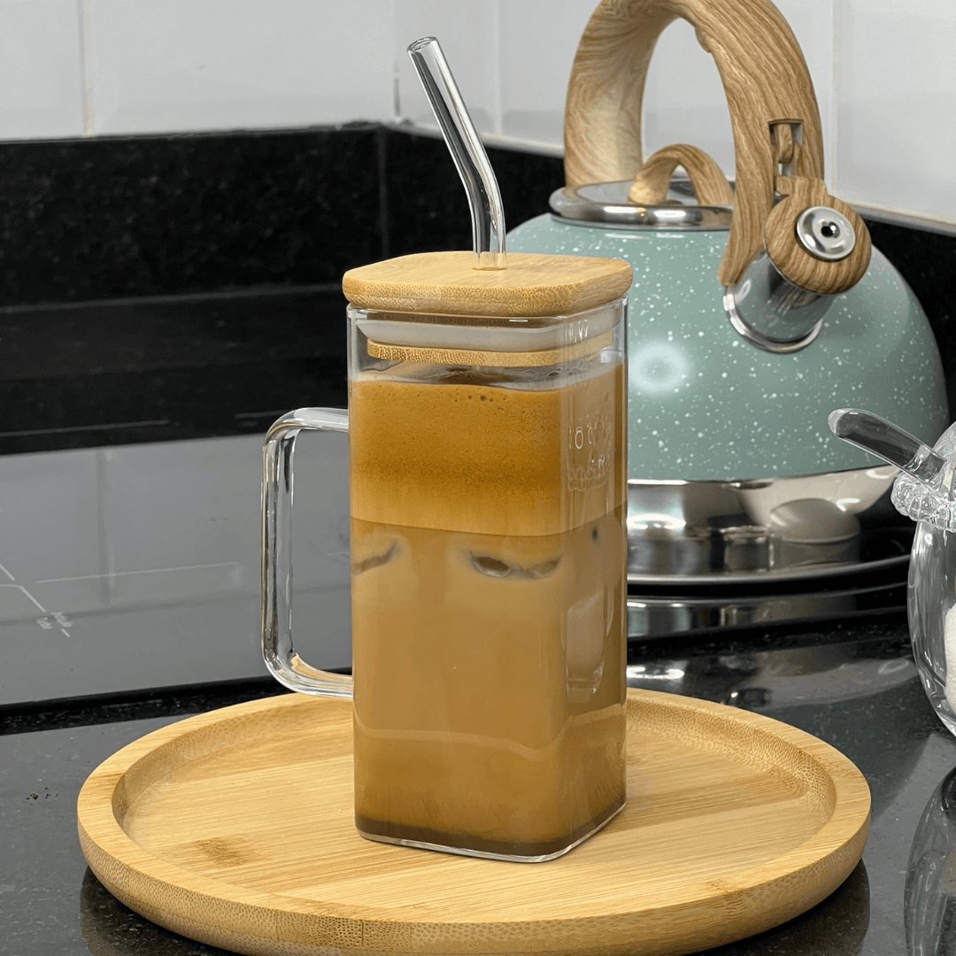 Caneca de Vidro com Canudo e Tampa de Bambu 400ml