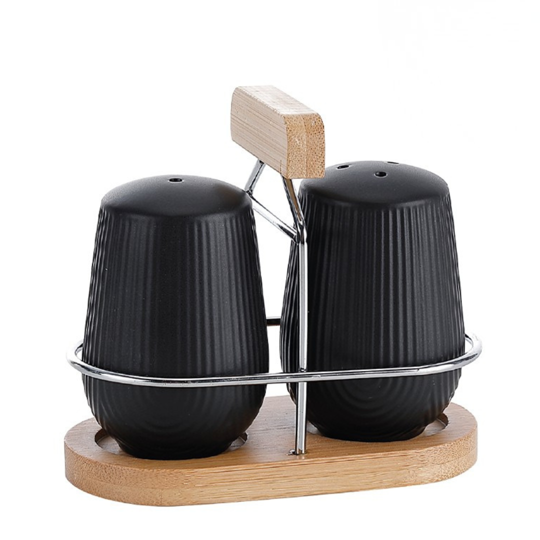 Saleiro e Pimenteiro de Cerâmica Oasis Preto com Suporte 90ml 3 peças
