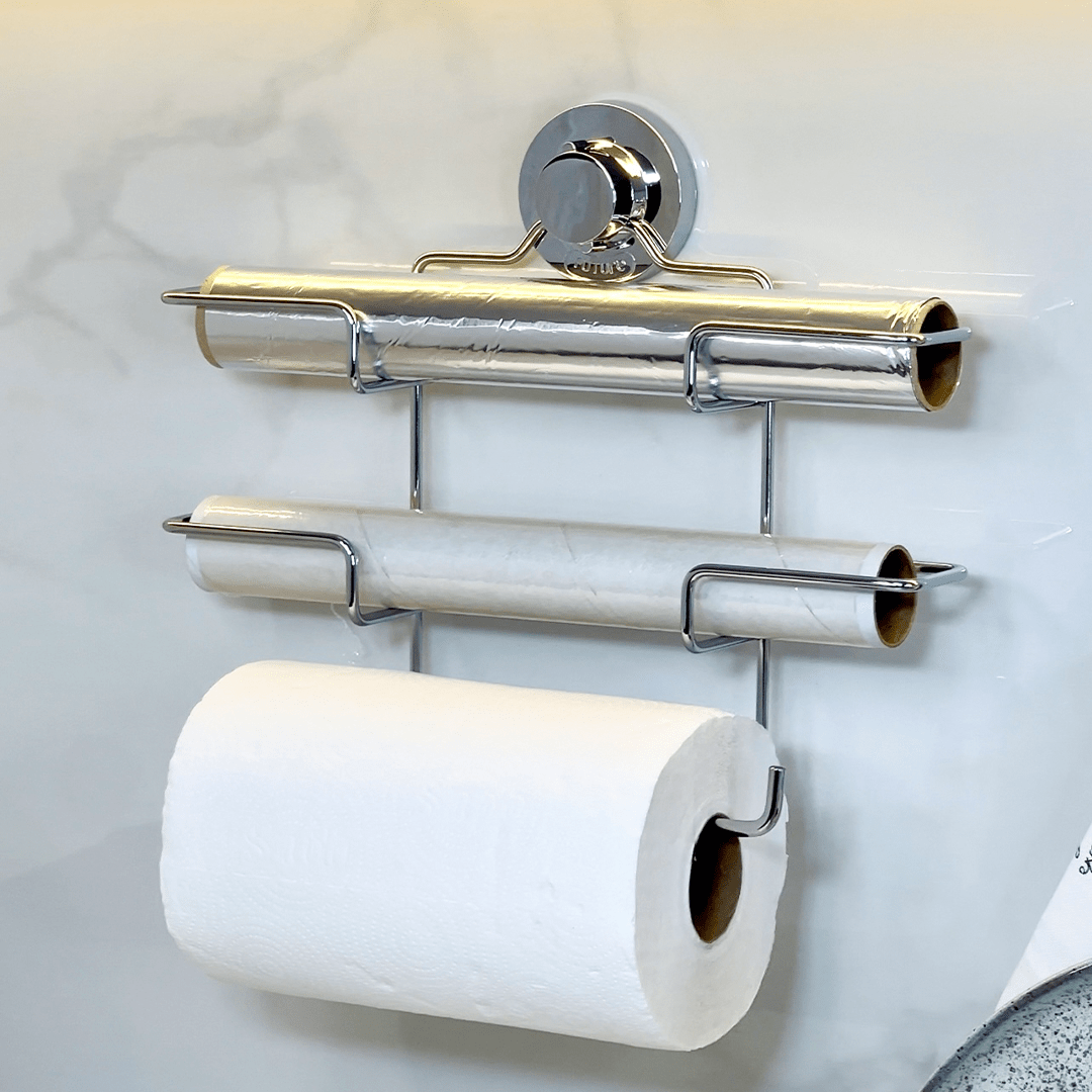 Suporte de Rolos Triplo para Papel Toalha/Alumínio/PVC com Ventosa Cromado