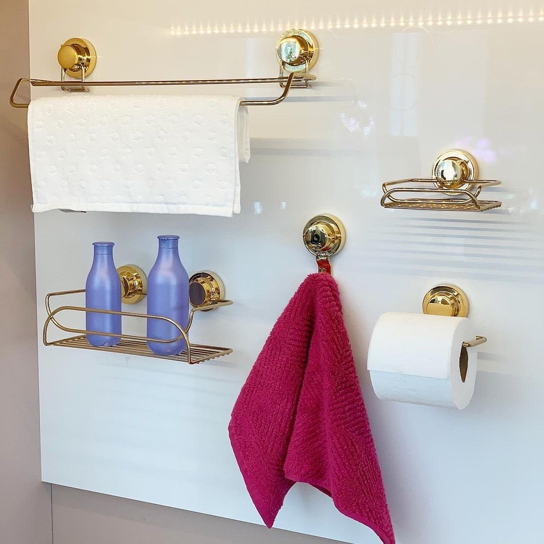 Toalheiro Duplo  Fixação por Ventosa Dourado 45cm