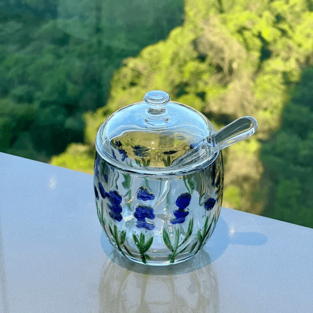 Açucareiro de Cristal com Colher e Tampa Lavanda 8,5cm