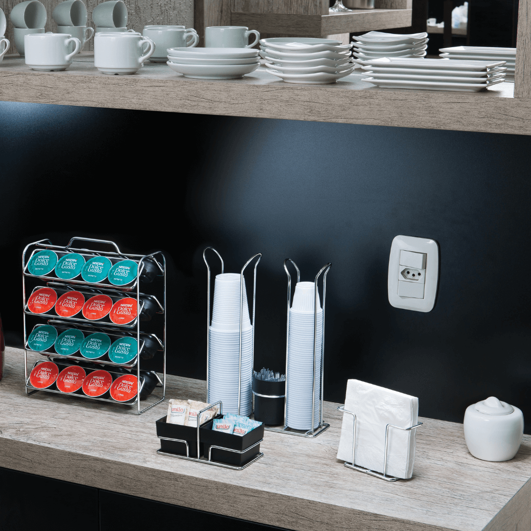 Organizador Copos Descartaveis 50/80ml, 200ml e Mexedor Preto e Cromado