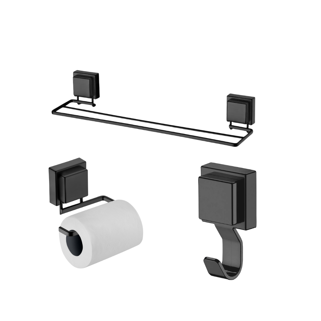 Kit de Acessórios para Banheiro Fixação Ventosa Preto Fosco 3 Peças