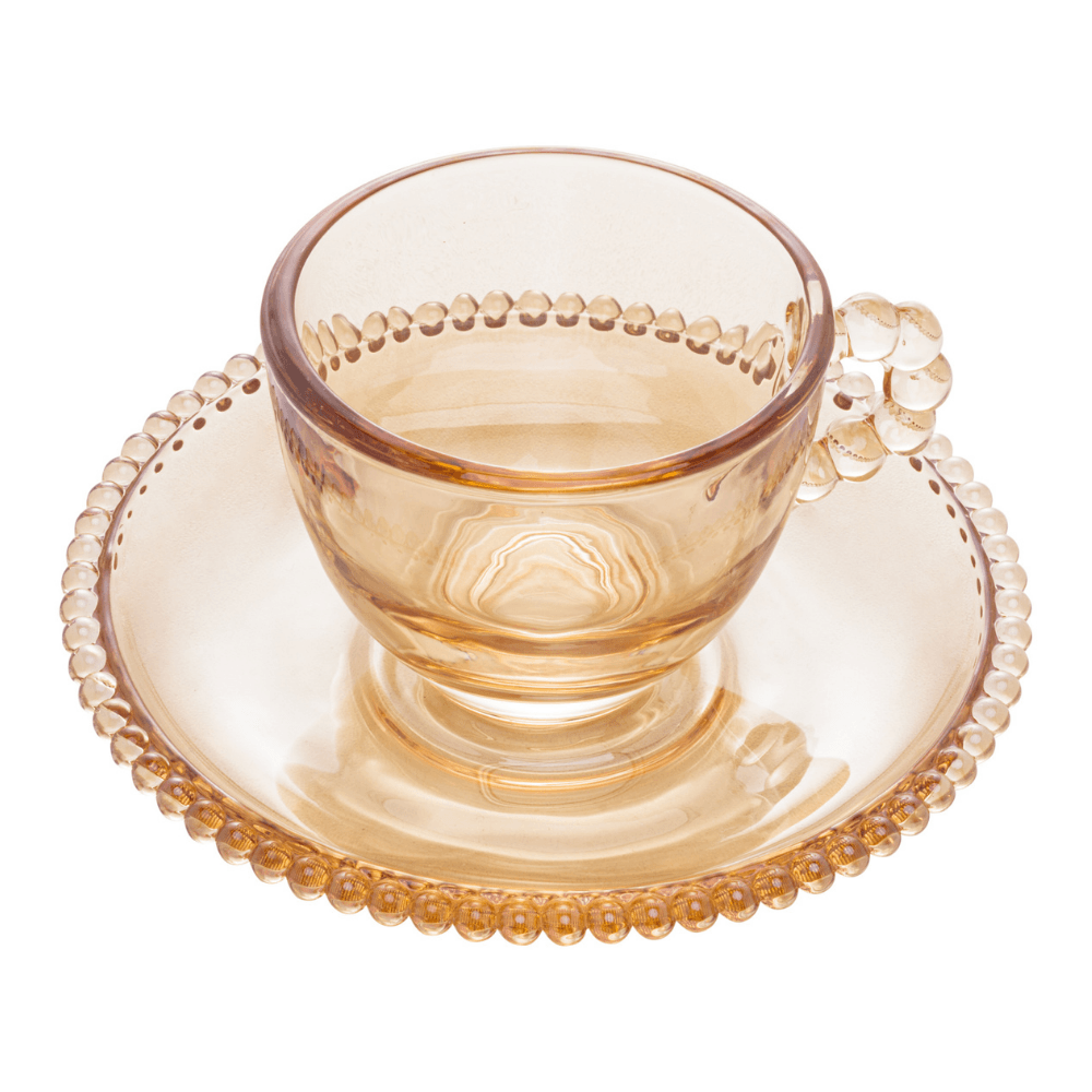 Jogo de Xícaras de Café Cristal Com Pires Pearl Âmbar 4 Peças - 80ml