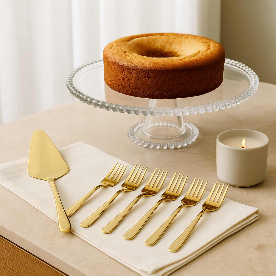 Kit Boleira com Pé Pearl 31cm e 7 Peças Sobremesa Viena Dourada