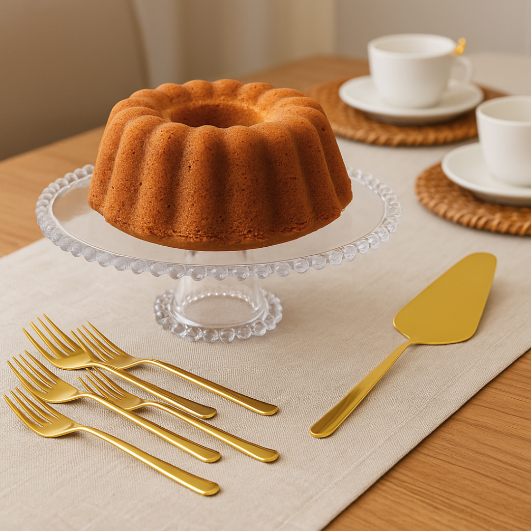 Kit Boleira com Pé Pearl 31cm e 7 Peças Sobremesa Viena Dourada