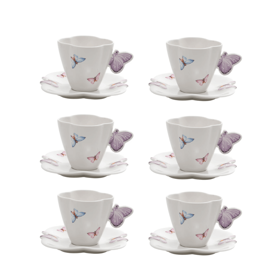 Jogo 6 Xícaras de Chá Porcelana com Pires Borboletas Branco 200ml