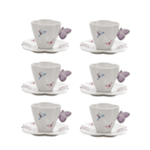 Jogo 6 Xícaras de Chá Porcelana com Pires Borboletas Branco 200ml