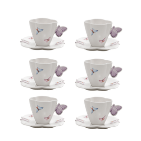 Jogo 6 Xícaras de Chá Porcelana com Pires Borboletas Branco 200ml
