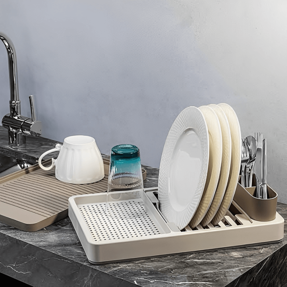 Escorredor Louças Flat 3 Em 1 Bandeja Removível Porta Talheres Bege