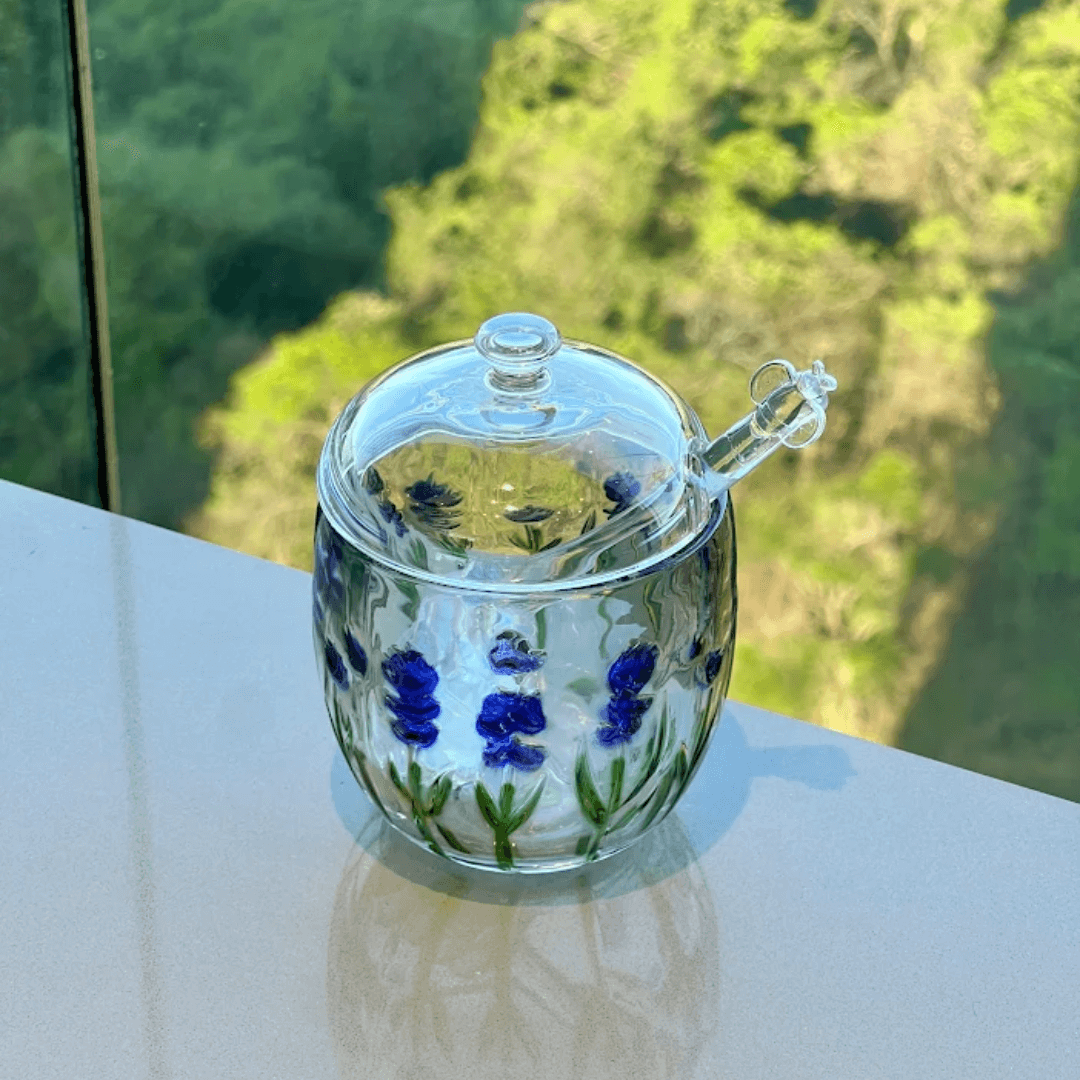 Meleira de Cristal com Colher e Tampa Lavanda 8,5cm