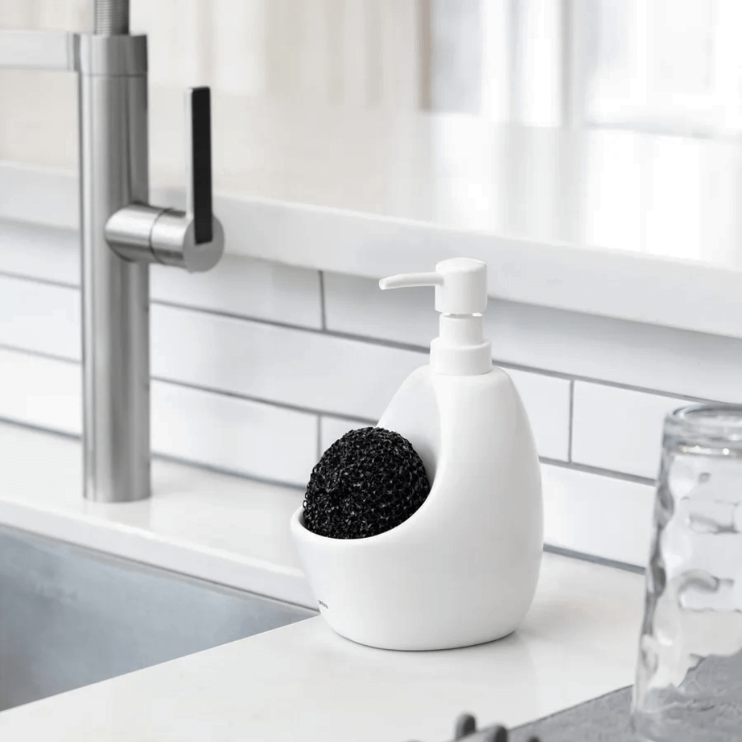 Dispenser Porta Detergente com Esponja Joey Umbra Cerâmica Branco - 591ml