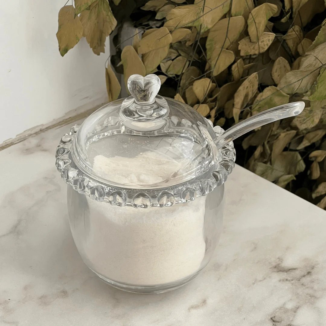 Açucareiro de Cristal Chumbo com Colher e Detalhes em Formato de Coração