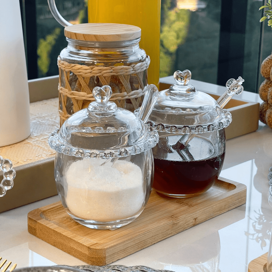 Açucareiro de Cristal Chumbo com Colher e Detalhes em Formato de Coração
