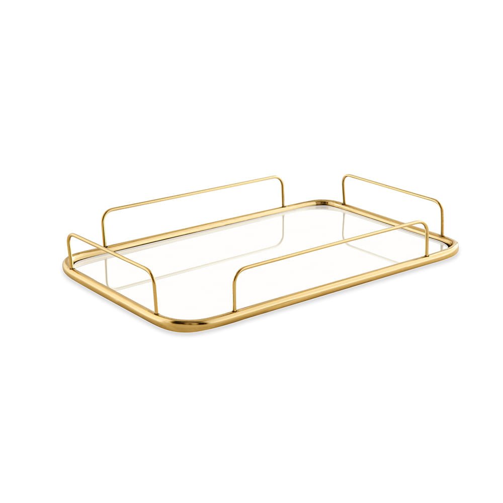 Bandeja em Metal com Espelho Dourada 28,5cm P