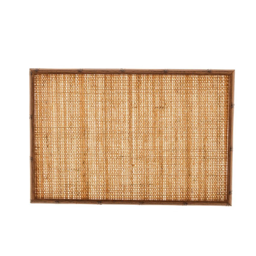 Bandeja Madeira Bambu com Vidro e Sisal Natural 38 x 24 cm