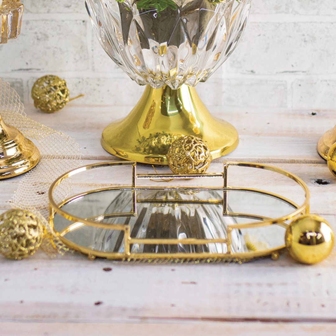 Bandeja Decorativa Metal Dourada 26cm