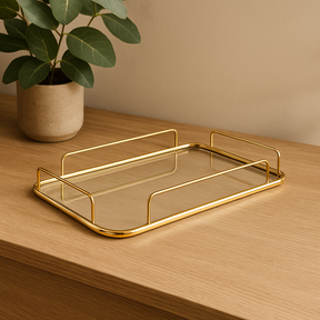 Bandeja em Metal com Espelho Dourada 28,5cm P