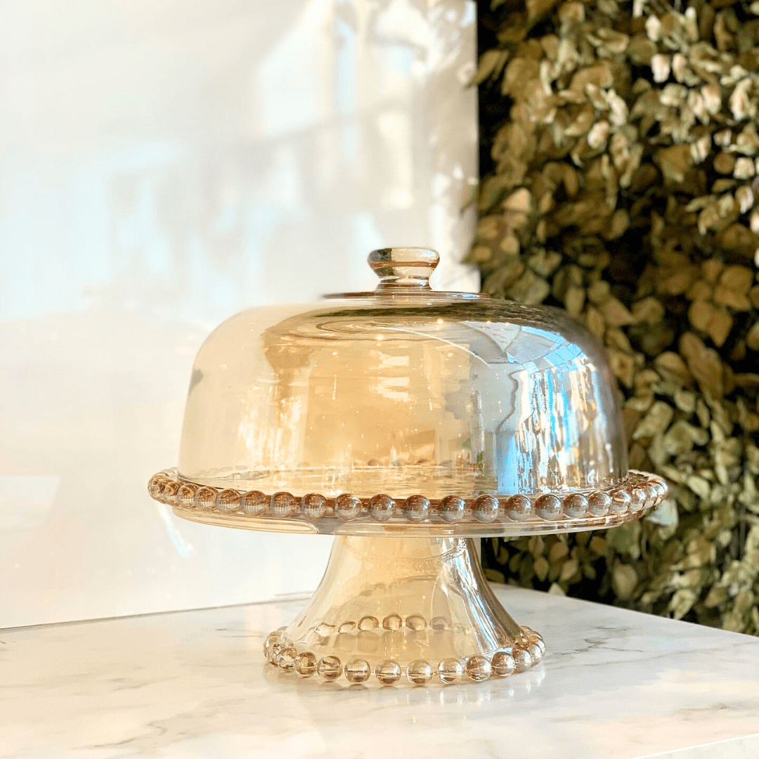 Boleira Prato para Bolo Petisqueira Pearl de Cristal com Pé e Tampa Âmbar 31cm x 25cm
