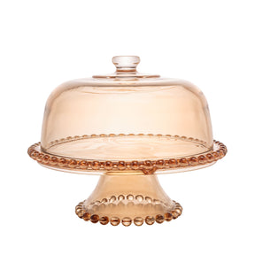 Boleira Prato para Bolo Petisqueira Pearl de Cristal com Pé e Tampa Âmbar 31cm x 25cm