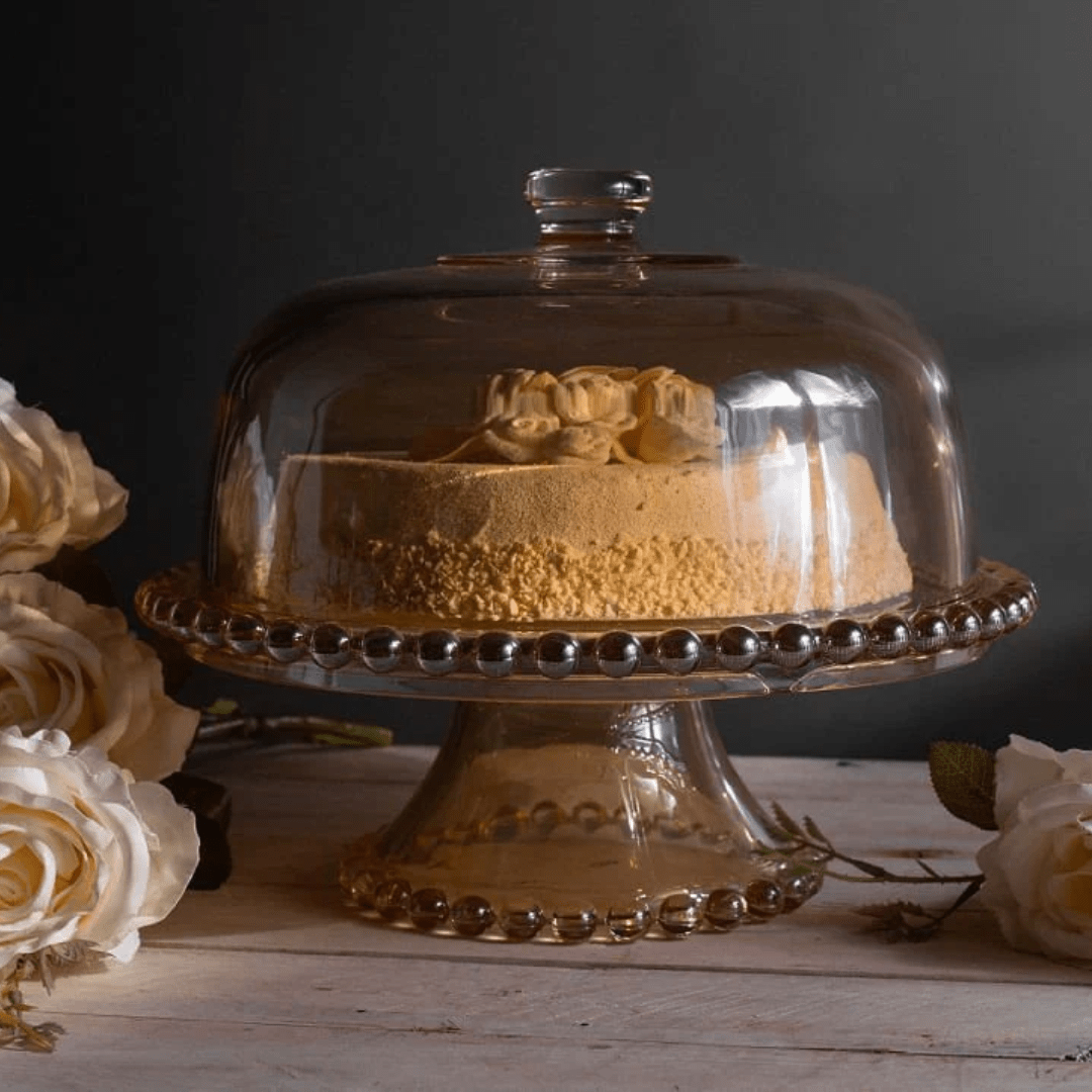 Boleira Prato para Bolo Petisqueira Pearl de Cristal com Pé e Tampa Âmbar 31cm x 25cm