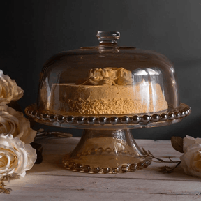 Boleira Prato para Bolo Petisqueira Pearl de Cristal com Pé e Tampa Âmbar 31cm x 25cm
