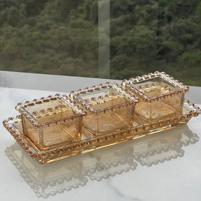 Bowl Quadrado de Cristal de Chumbo com Detalhes em Formato de Coração Âmbar Metalizado 8,5cm