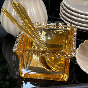 Bowl Quadrado de Cristal de Chumbo com Detalhes em Formato de Coração Âmbar Metalizado 8,5cm