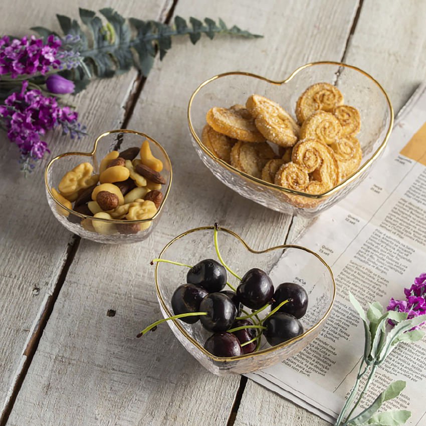 Bowl Vidro Martelado Coração Fio de Ouro - 15 cm