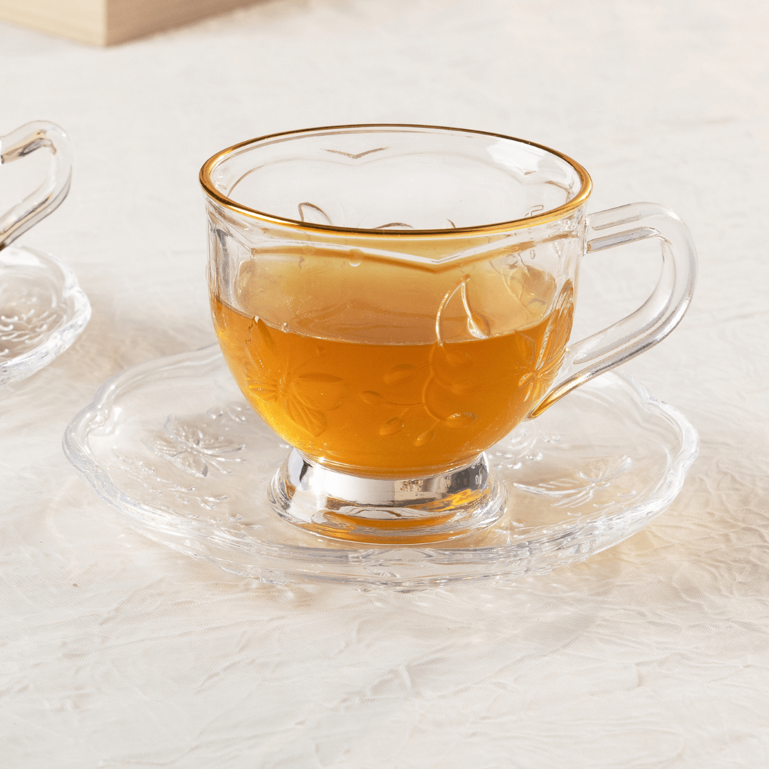 Xicara de Chá com Pires de Cristal New Butterfly Fio de Ouro 180ml