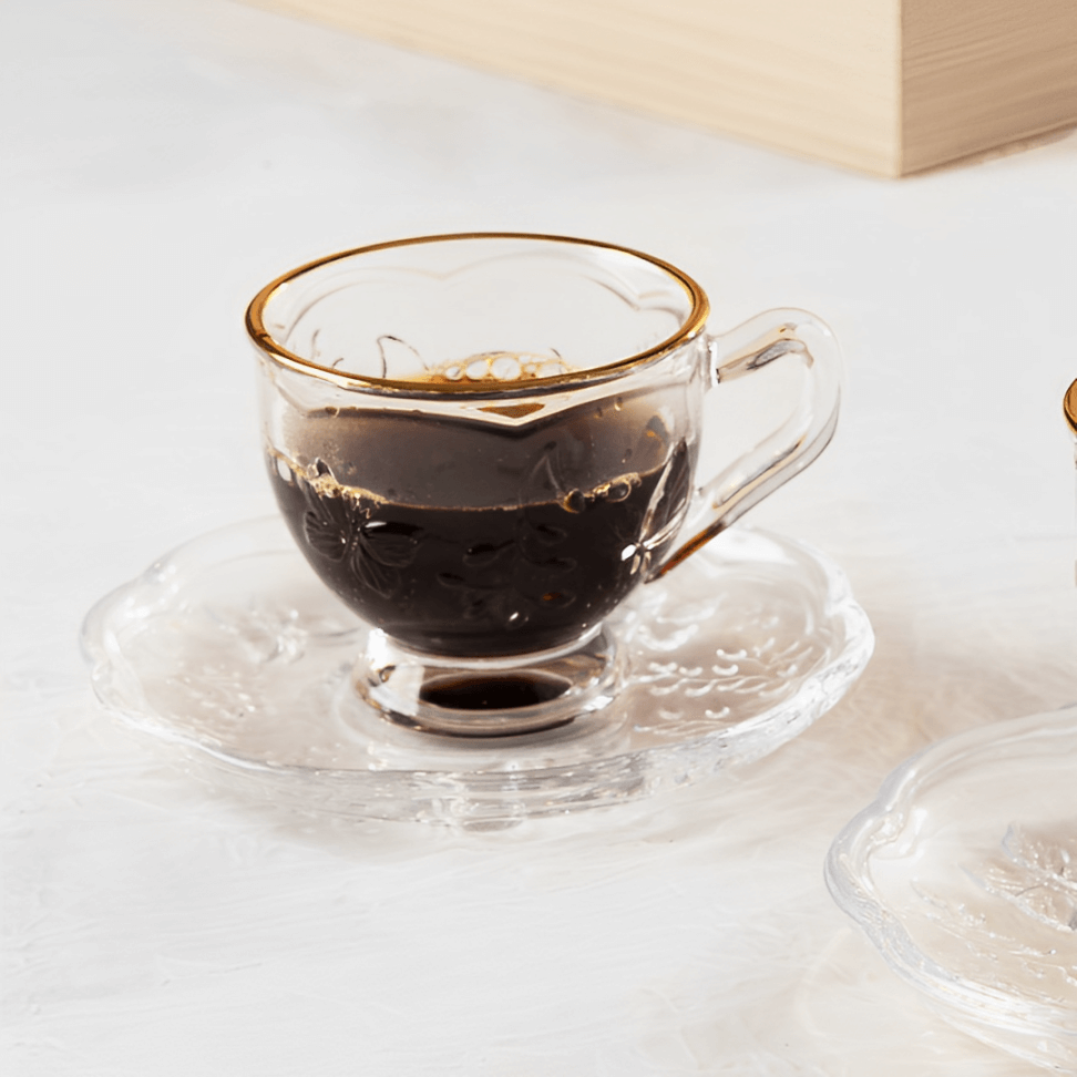 Xicara de Café com Pires de Cristal Fio de Ouro New Butterfly 80ml