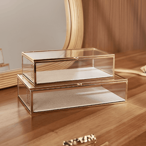 Caixa em Vidro com Metal Dourado e Linho 25cm G