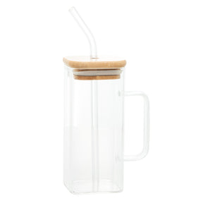 Caneca de Vidro com Canudo e Tampa de Bambu 400ml