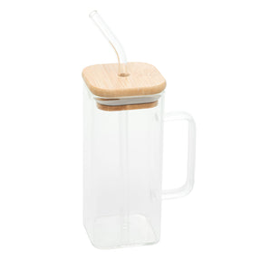 Caneca de Vidro com Canudo e Tampa de Bambu 400ml