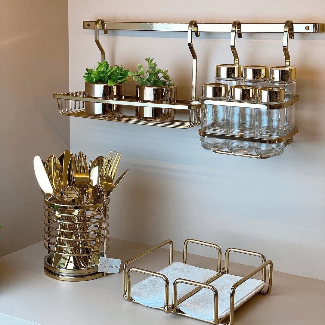 Cesto Multiuso Suporte Retangular Para Barra Dourado