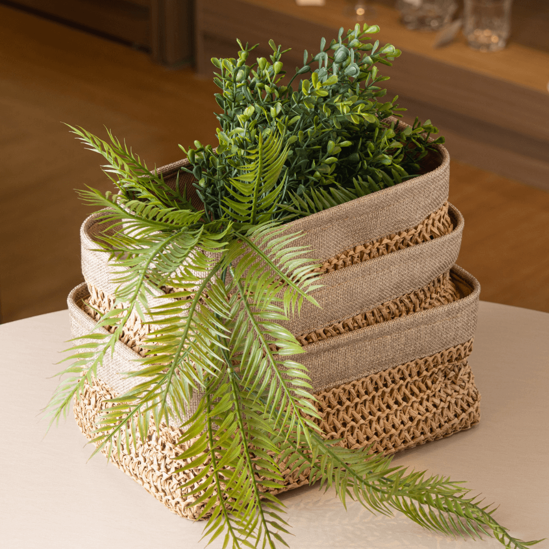 Jogo 3 Cestas Retangulares Natural Duna com Forro de Tecido