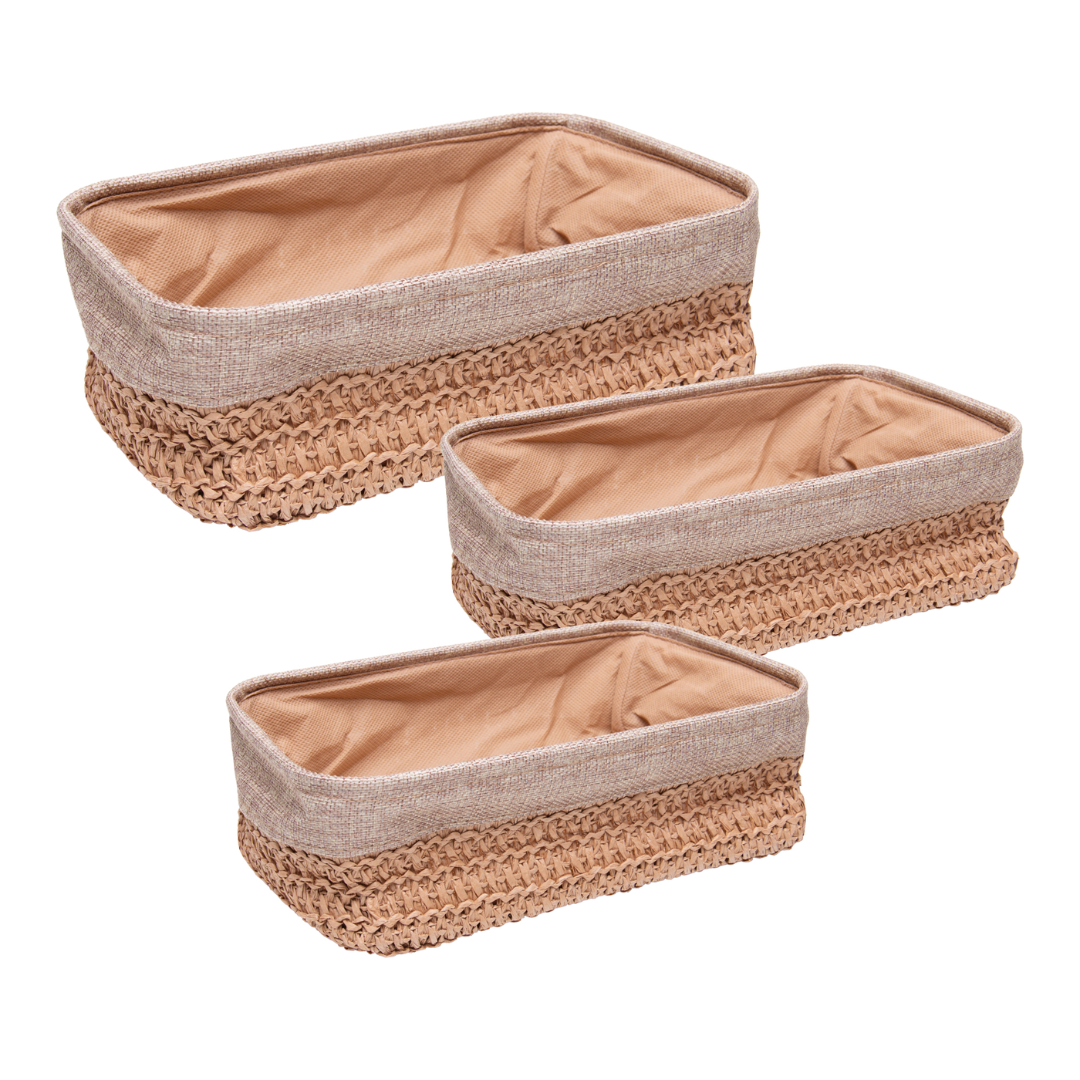 Jogo 3 Cestas Retangulares Natural Duna com Forro de Tecido