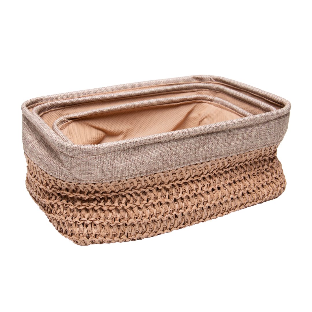 Jogo 3 Cestas Retangulares Natural Duna com Forro de Tecido