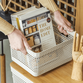 Conjunto 3 Cestos Organizadores Grid Bege com Tampa de Bambu