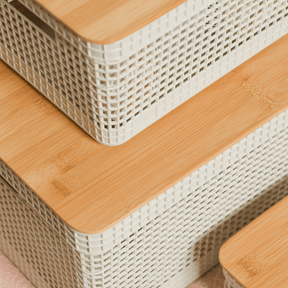 Conjunto 3 Cestos Organizadores Grid Bege com Tampa de Bambu