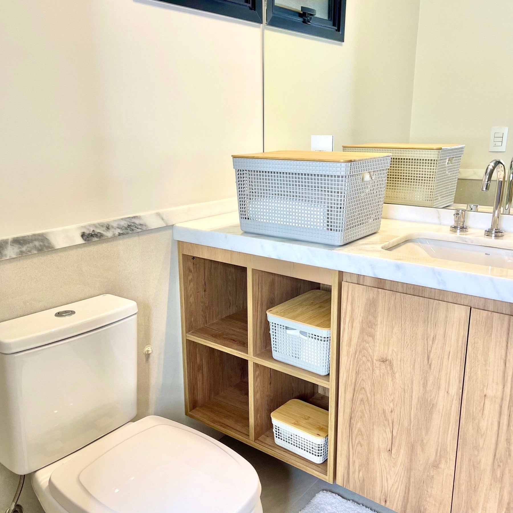 Conjunto 3 Cestos Organizadores Grid Bege com Tampa de Bambu