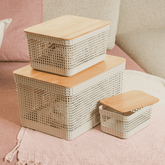 Conjunto 3 Cestos Organizadores Grid Bege com Tampa de Bambu