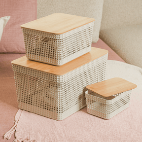 Conjunto 3 Cestos Organizadores Grid Bege com Tampa de Bambu