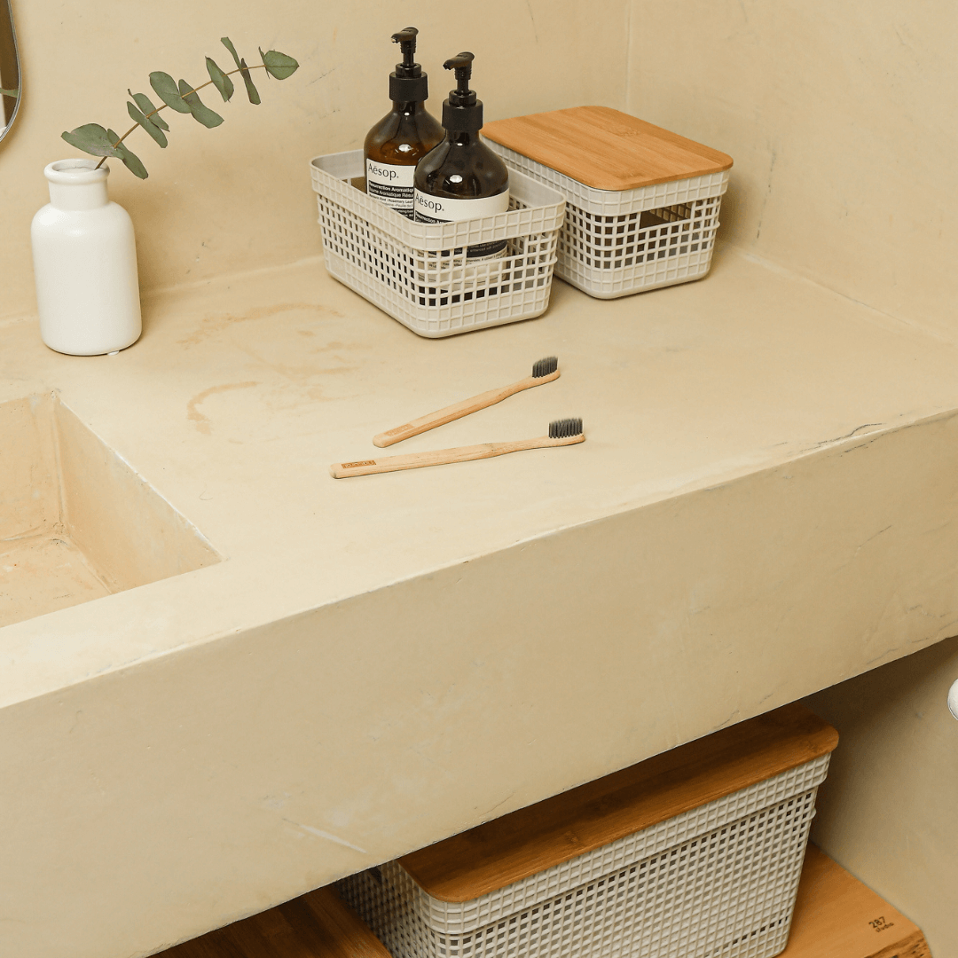 Conjunto 3 Cestos Organizadores Grid Bege com Tampa de Bambu