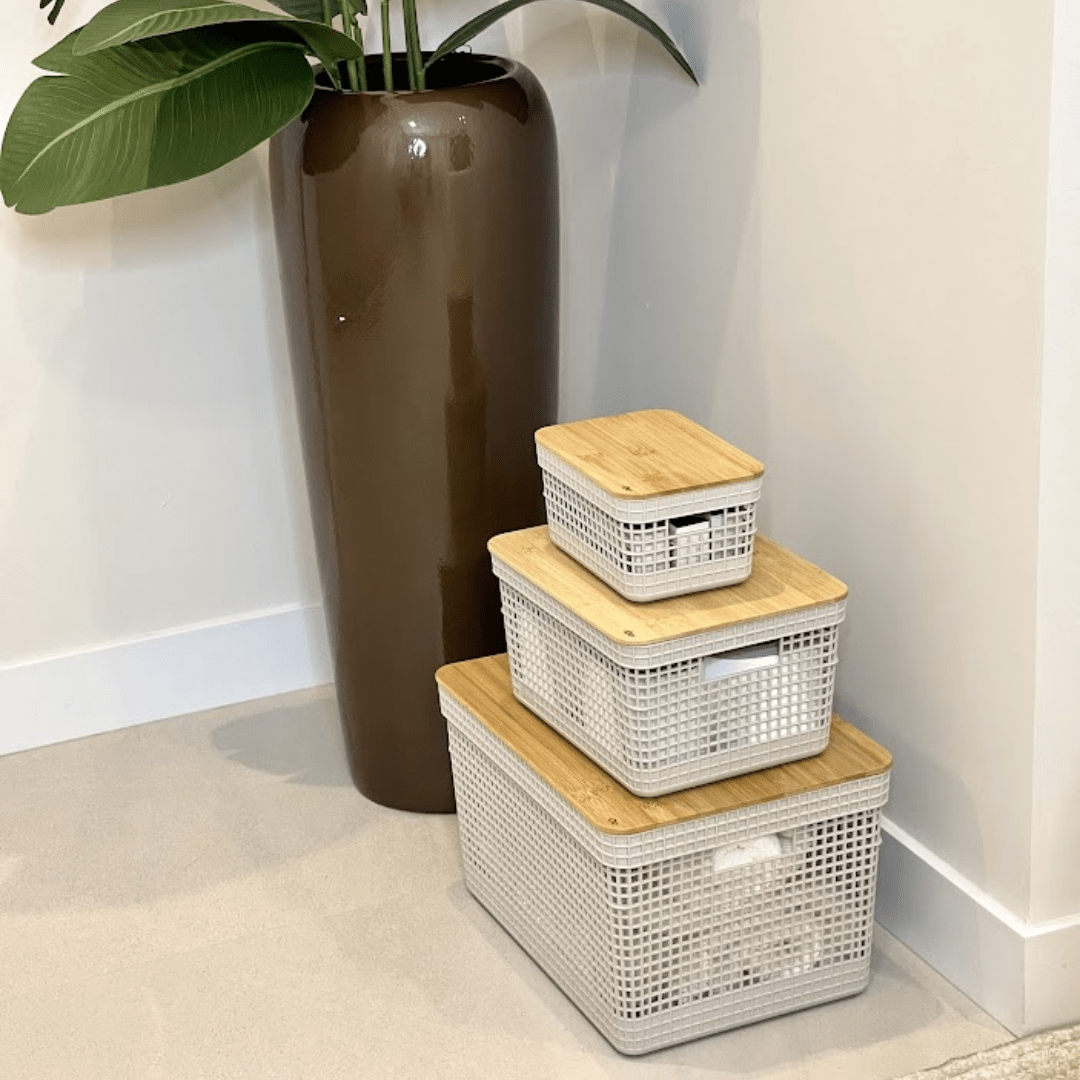 Conjunto 3 Cestos Organizadores Grid Bege com Tampa de Bambu