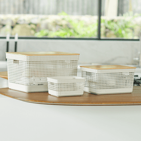 Conjunto 3 Cestos Organizadores Grid Bege com Tampa de Bambu