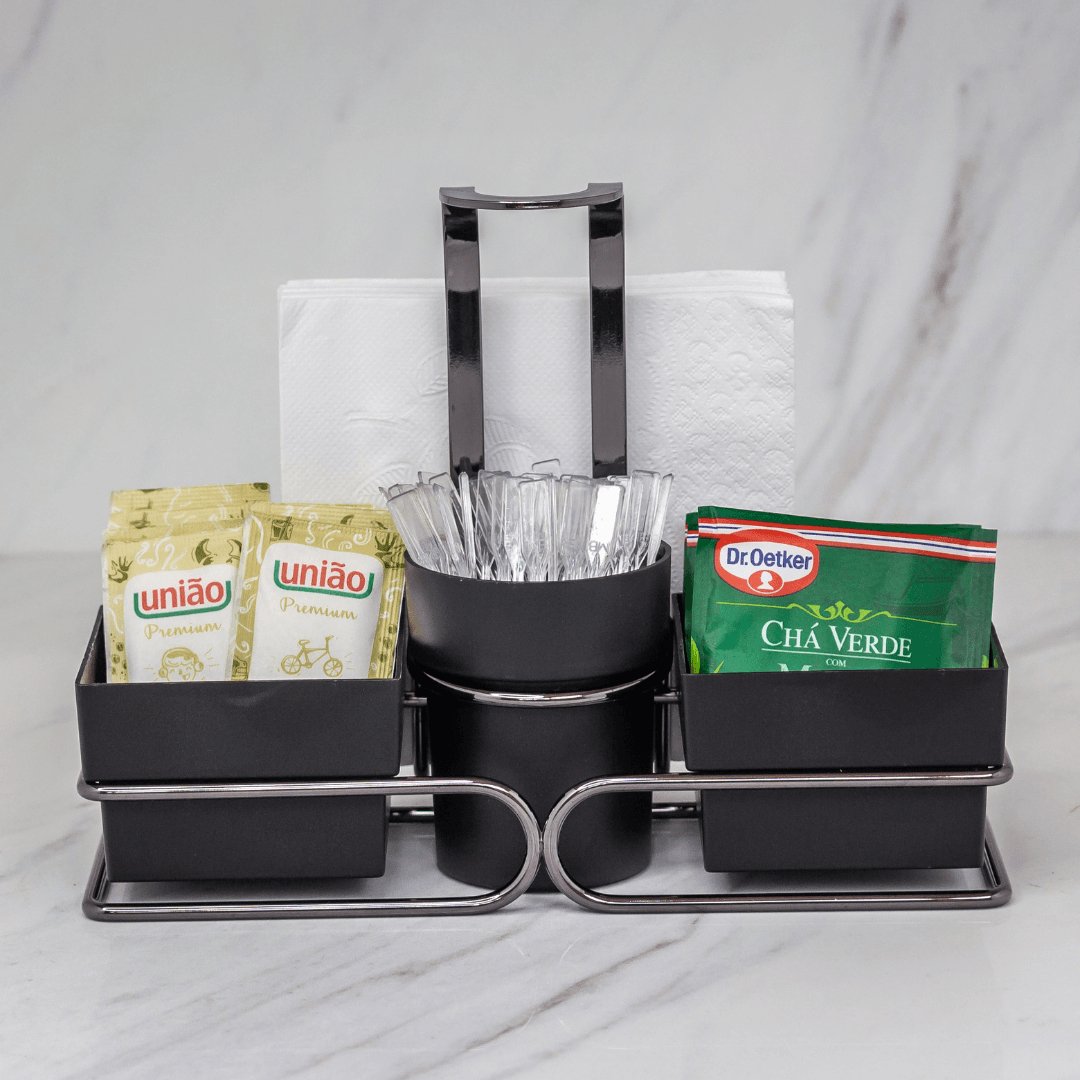 Conjunto para Chá Café Porta Sachês Mexedor Ônix 3 em 1