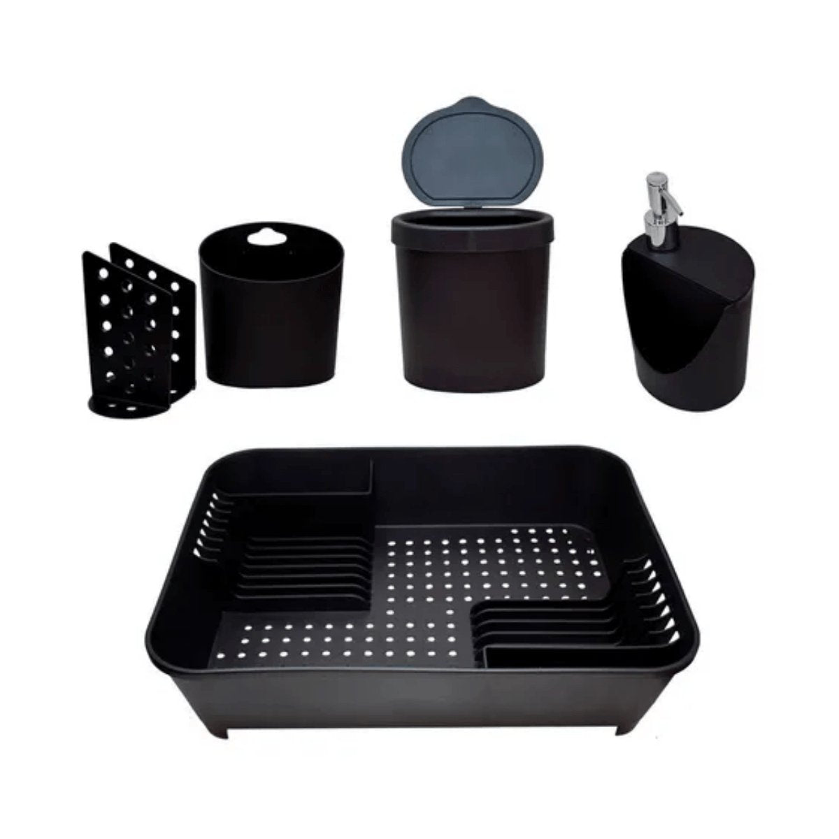 Conjunto para Pia de Cozinha Preto Escorredor Lixeira Dispenser Porta Talher 4 Peças