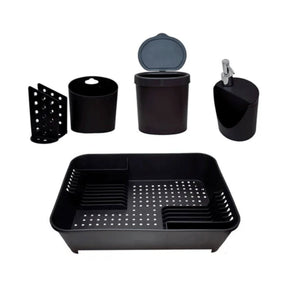 Conjunto para Pia de Cozinha Preto Escorredor Lixeira Dispenser Porta Talher 4 Peças