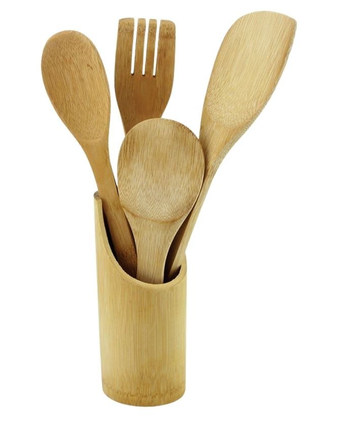 Conjunto Utensilios de Cozinha com Suporte em Bambu 5 Peças